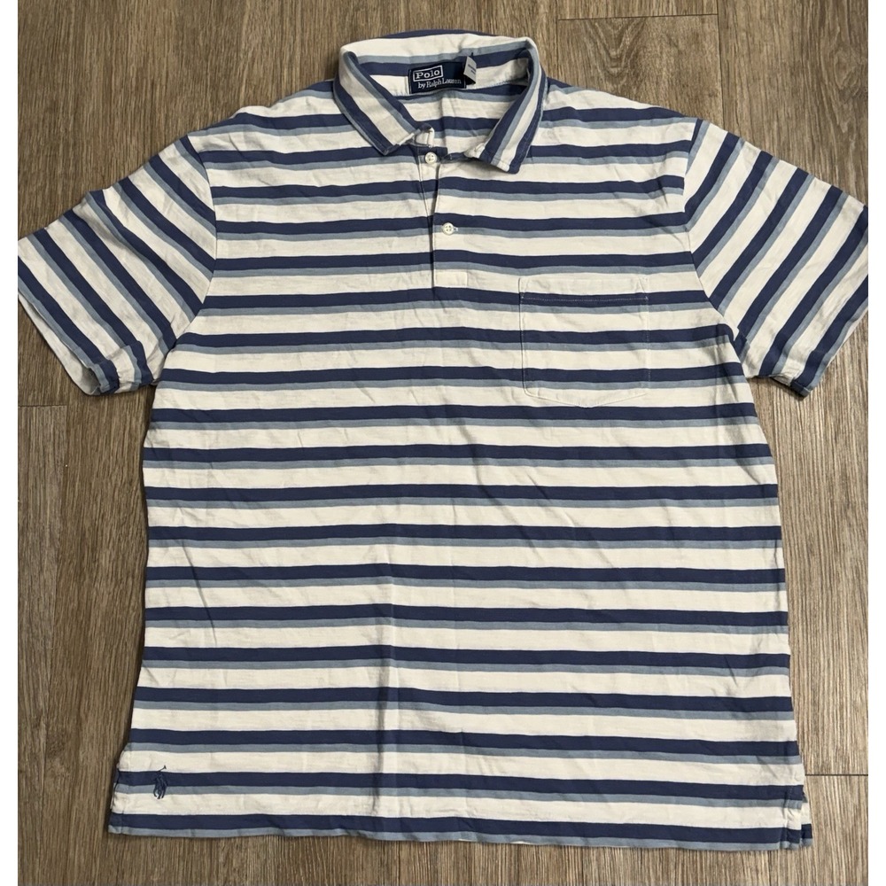 VINTAGE Polo Ralph Lauren Shirt Mens L Blue Striped Pony Bottom Hem 90s USA Y2K